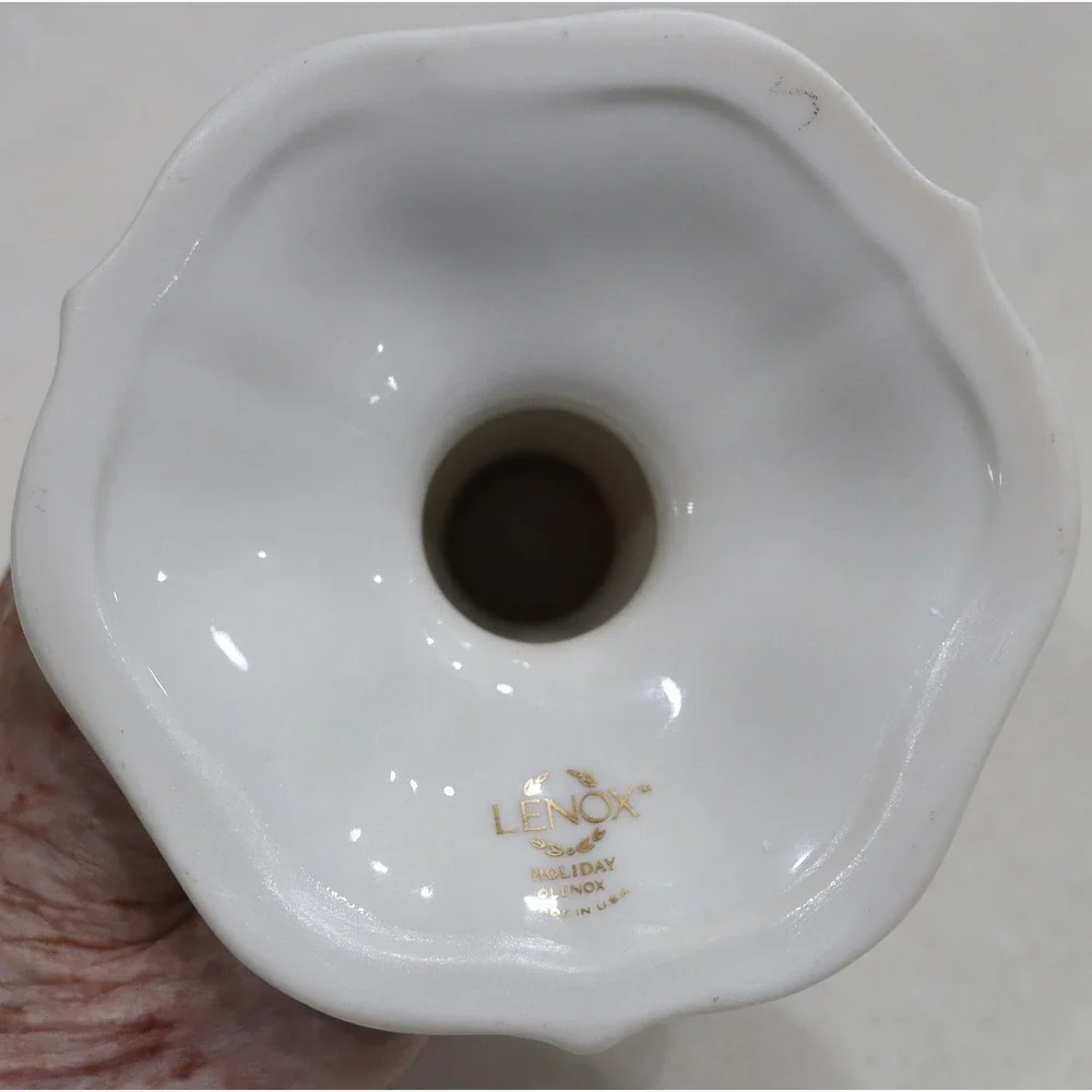 Lenox Holiday Candlestick Holder Holly Berry Gold Trim Ivory China Made in USA